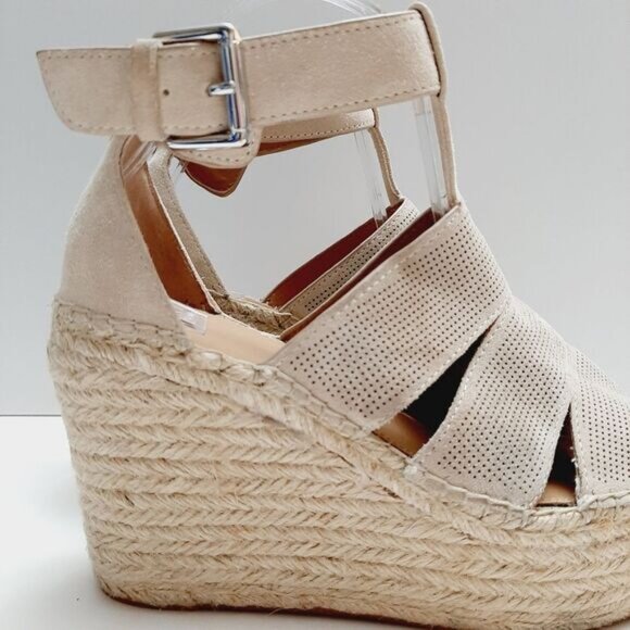 MARC FISHER \ Perforated Suede Open Toe Rope Platform Wedge Shoe Cream Beige 9 - Picture 3 of 16
